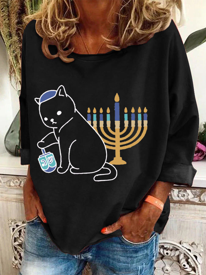 Women's Hanukkah Menorah And Cat Casual Long-Sleeve Top