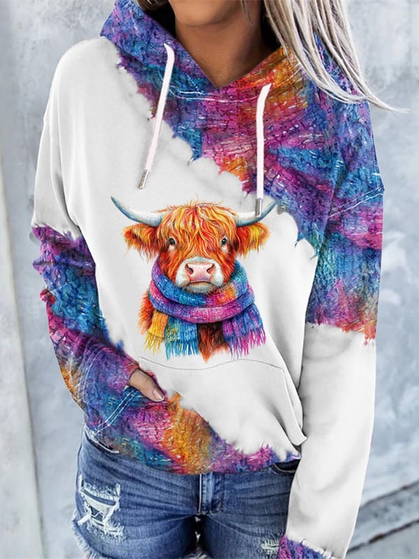 Women'S Highland Cow Print Hooded Sweatshirt