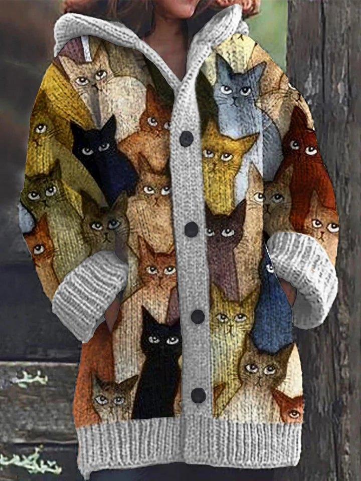 Colorful Cats Pattern Cozy Hooded Cardigan