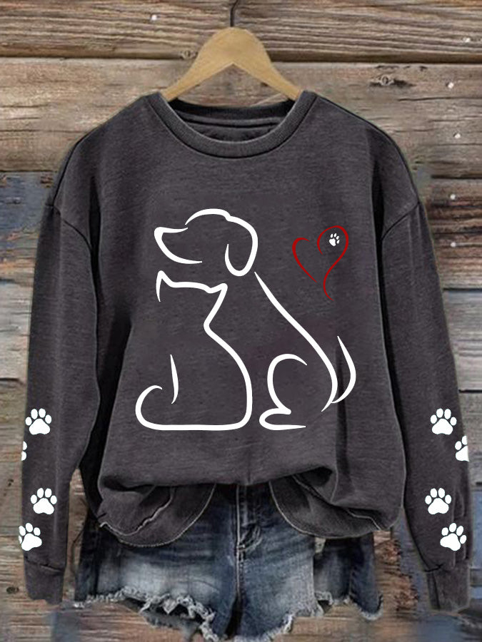 Dog and Cat Line Art Friendship Print Comfy Sweatshirt