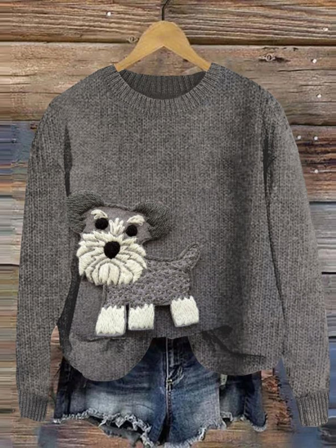 Funny Mini Schnauzer Felt Applique Cozy Sweater