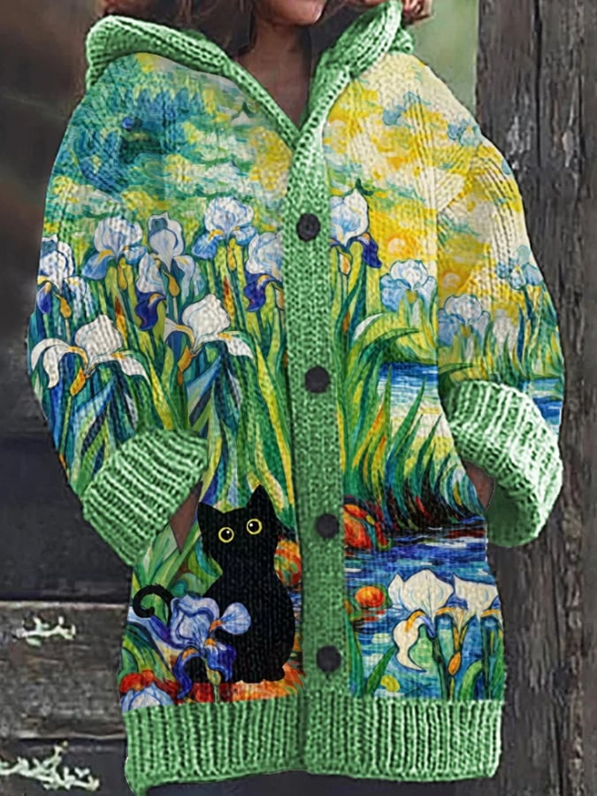 Women's Art Oil Painting Cat Print Knitted Hooded Cardigan