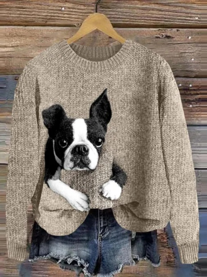 Cute Boston Terrier Lazy Puppy Applique Wool Felt Art Cozy Sweater