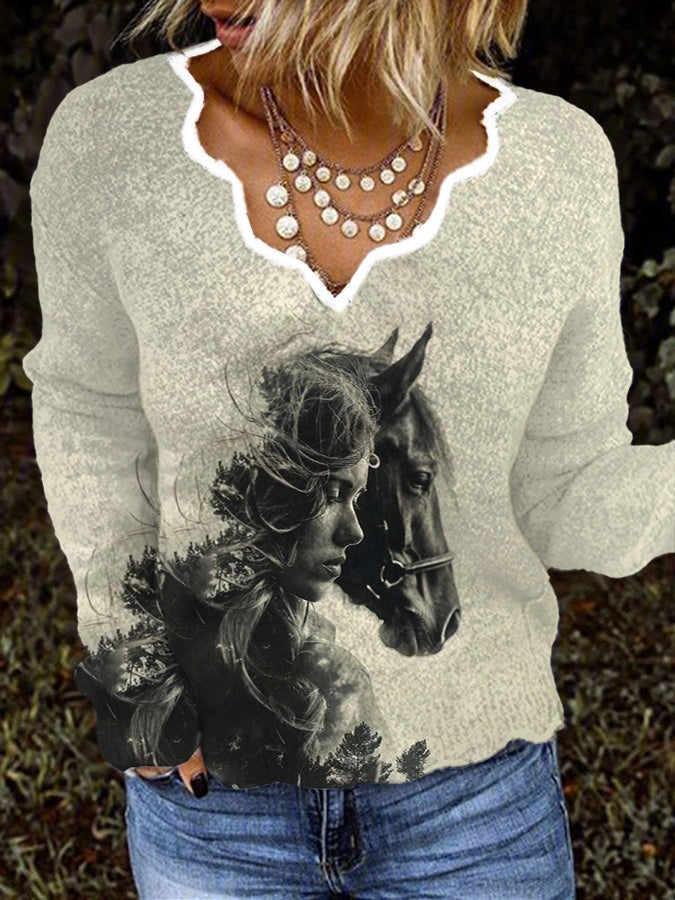 Women's Vintage Horse And The Girl Print Casual Sweater