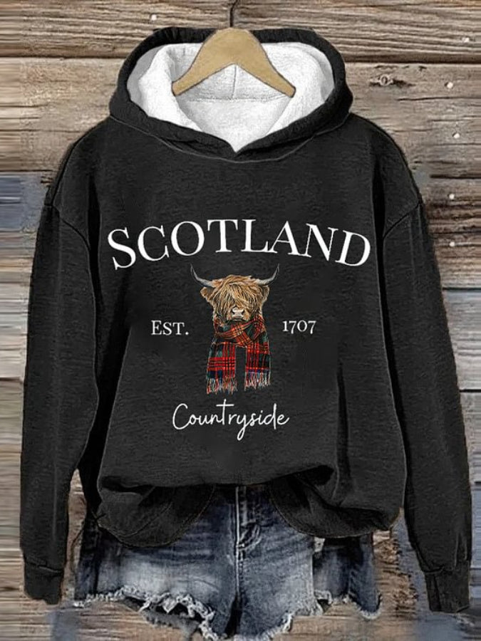 Women's Retro Scotland Countryside Scotland Highland Cow Bull Head Print Casual Hoodie