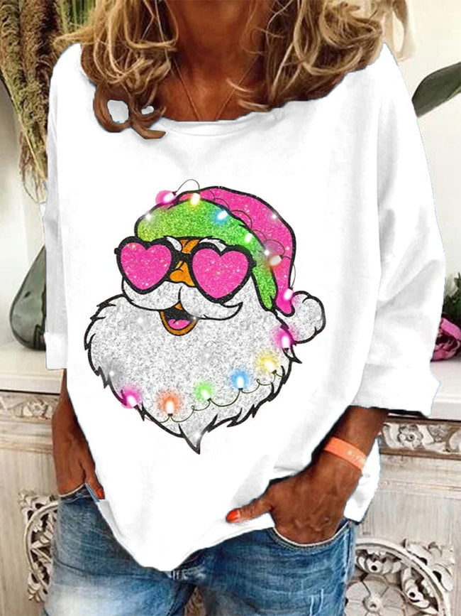 Women'S Pink Santa Christmas Printed Crew Neck Sweatshirt