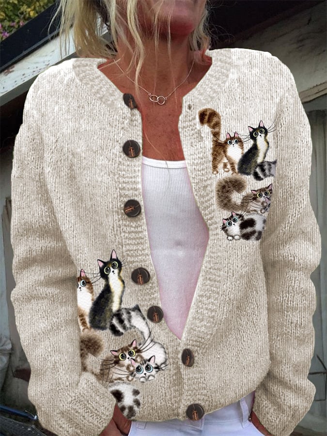 Women's Woolen Cat Print Cardigan