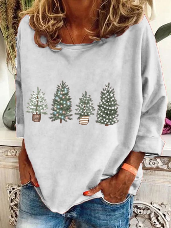 Women's Vintage Christmas Printed Long Sleeve V-Neck Top