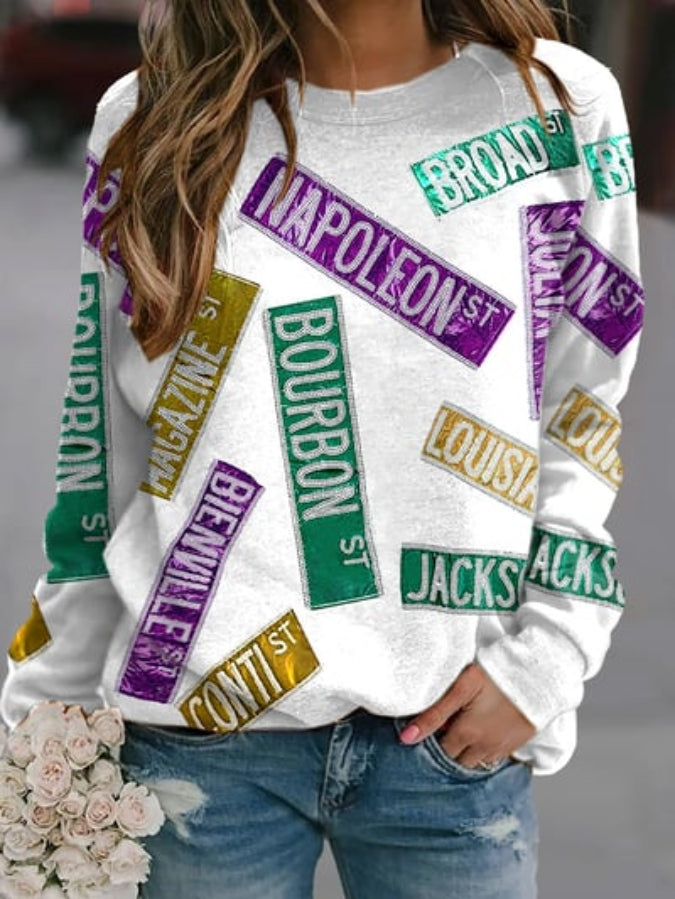 Women's Mardi Gras Print Round Neck Sweatshirt