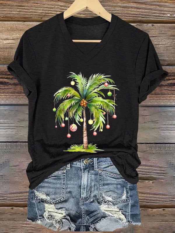 Women's Christmas Palm Tree Print T-Shirt