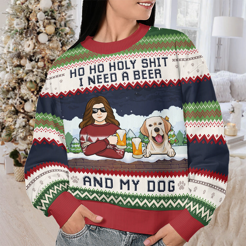 Strickpullover mit „Ho Ho Holy, I Need A Beer and My Dog“-Aufdruck für Damen