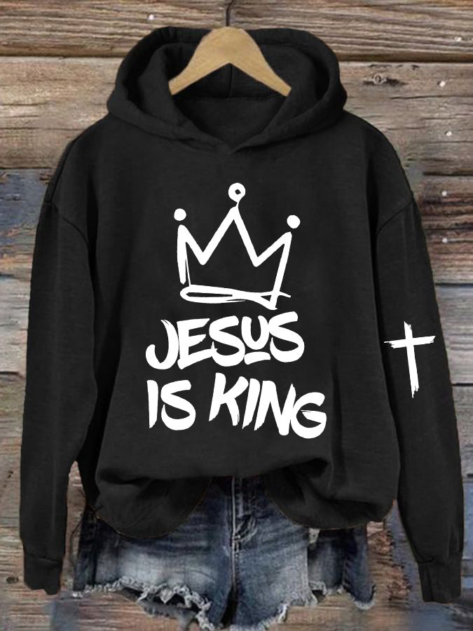 Women's Jesus Is King Cross Printed Casual Hoodie