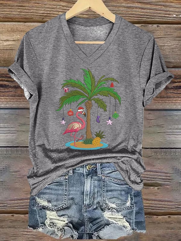 Women's Christmas Palm Tree Flamingo Embroidery Print T-Shirt