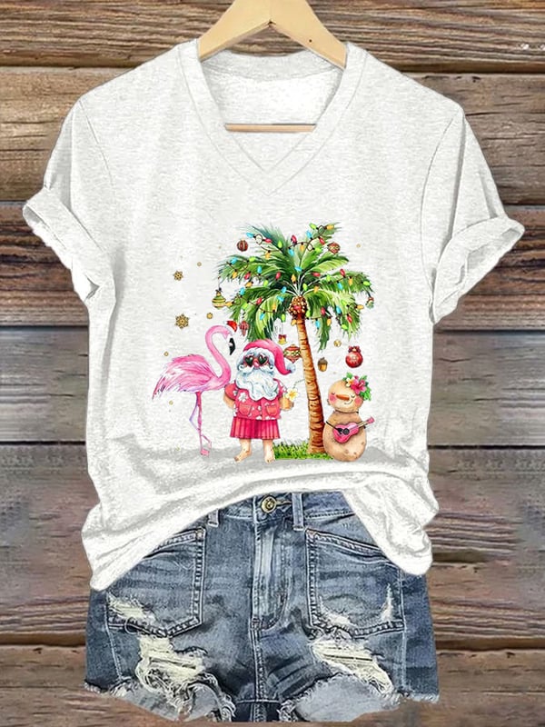 Women's Christmas Palm Tree Flamingo Print V-Neck T-Shirt