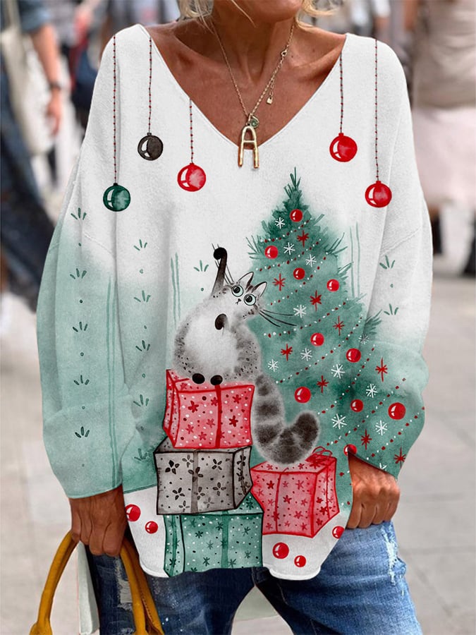 Women's Christmas Cute Cat Casual V-Neck Top