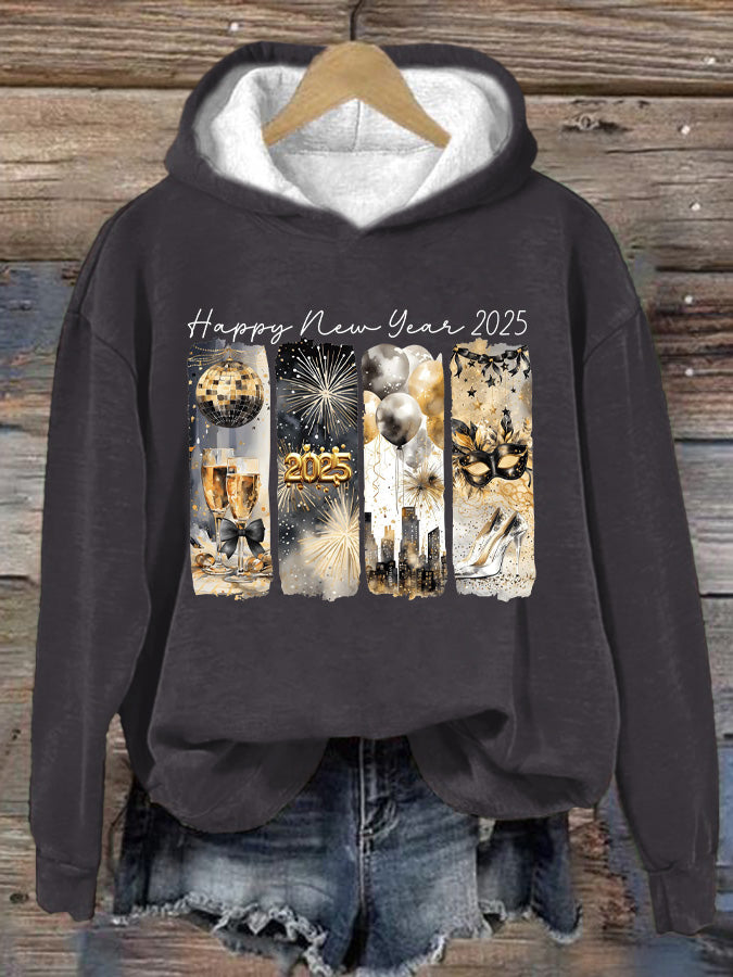 Women's Happy New Year 2025 Gold Glitter Print Hoodie