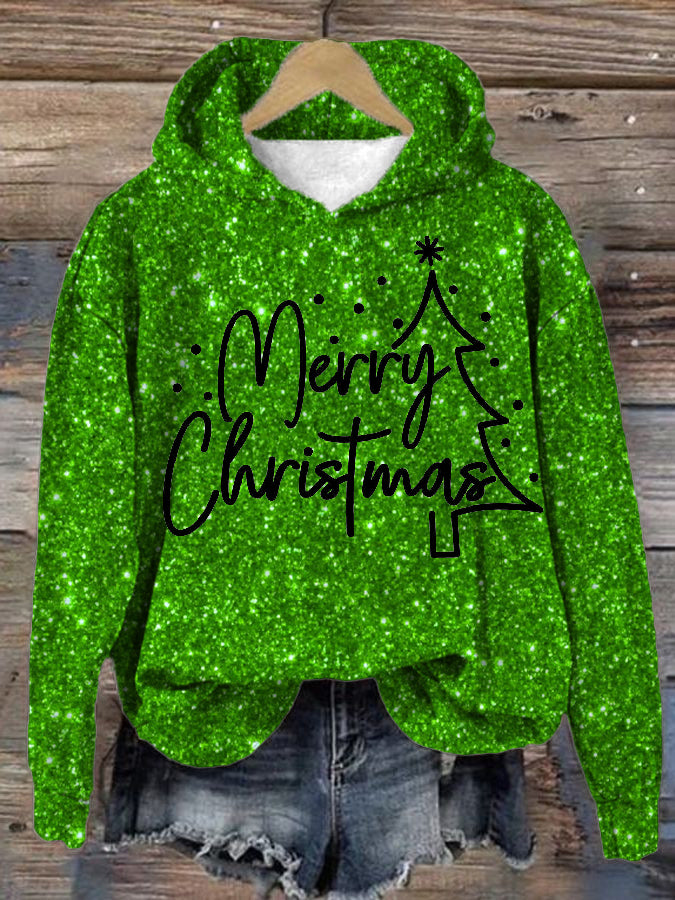 Women's Shiny Christmas Print Hooded Sweatshirt