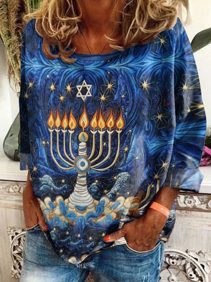 Women's Hanukkah Candle Crew Neck Loose Sweatshirt