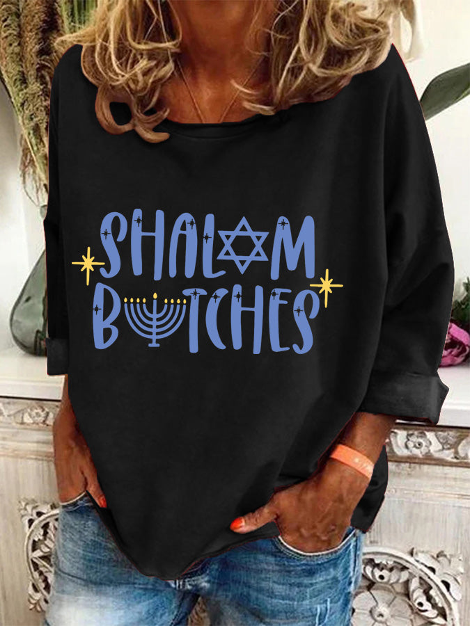 Women's Hanukkah Shalom Bitches Print Casual Long-Sleeve Top