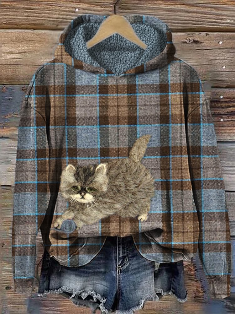 Fuzzy Cat Felt Art Vintage Scotland Plaid Cozy Hoodie