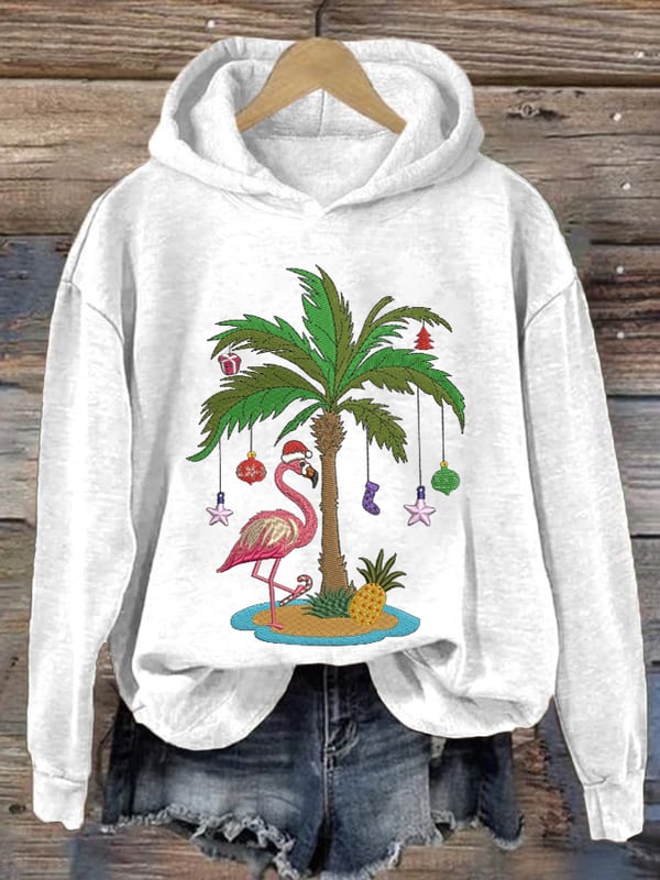 Women's Christmas Palm Tree Flamingo Embroidery Printed Casual Hoodie