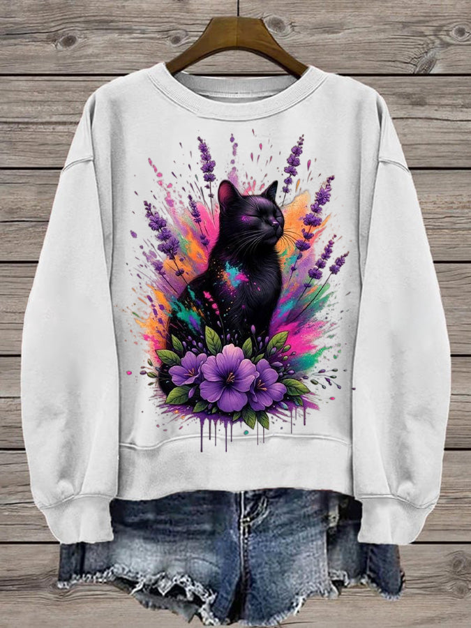 Women's Print Round Neck Black Sweatshirt