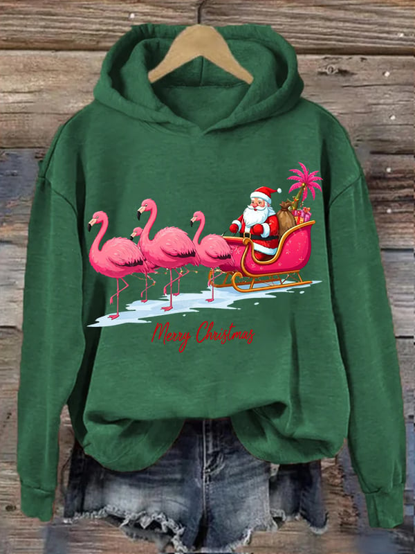 Women's Christmas Flamingo Print Hooded Sweatshirt