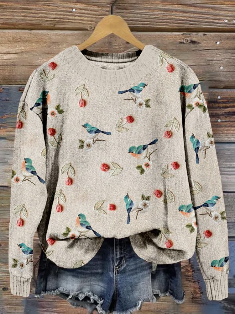 Tulips and Birds Embroidery Art Cozy Knit Sweater