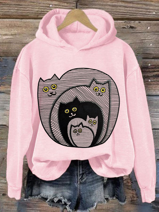 Women's Cat Print Long Sleeve Hoodie Sweatshirt