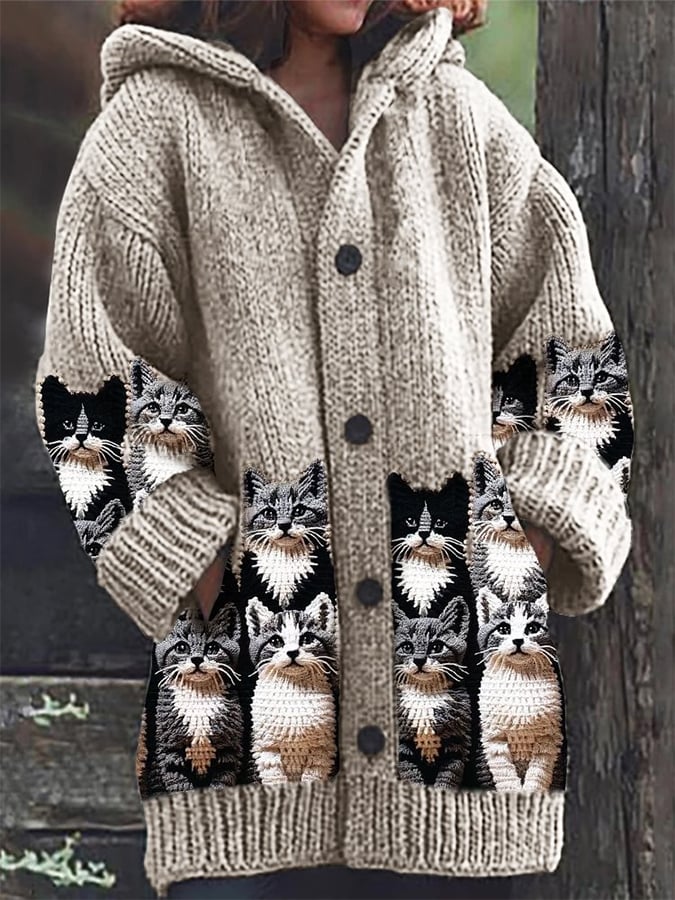 Women's Retro Cat Print Sweater Jacket