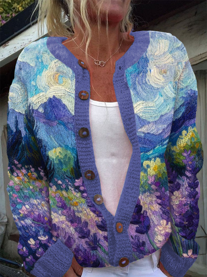 Women's Floral Oil Painting Art Cozy Knit Cardigan