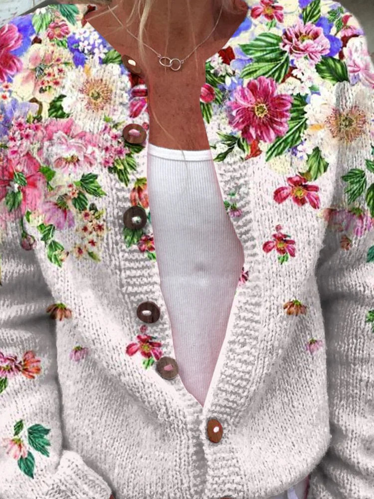 Flower Art Print Buttoned Cardigan Sweater