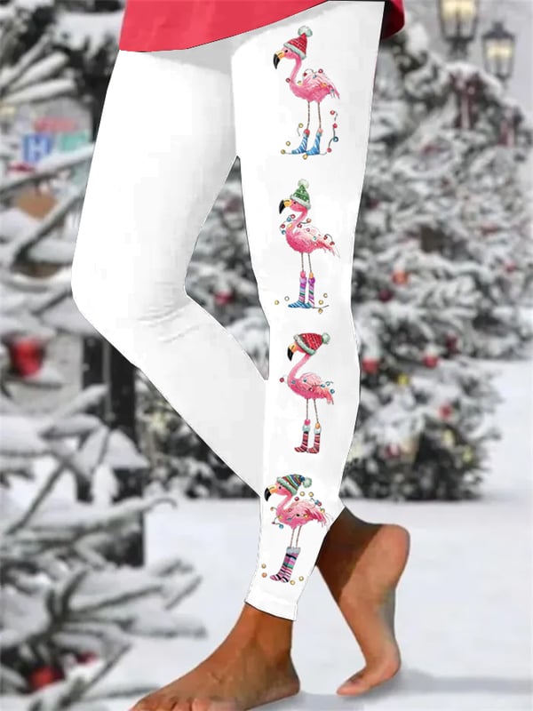 Women's Christmas Flamingo Print Skinny High Stretch Leggings