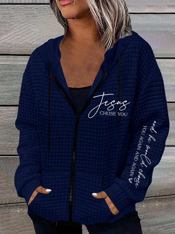 Women's Jesus Chose You Casual Waffle Hooded Jacket