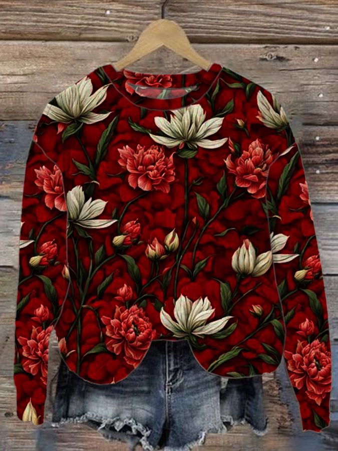 Lässiges Sweatshirt mit Vintage-Blumen-Kunstdruck