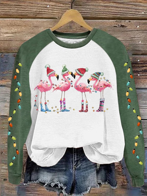 Lässiges Sweatshirt mit Weihnachts-Flamingo-Print für Damen