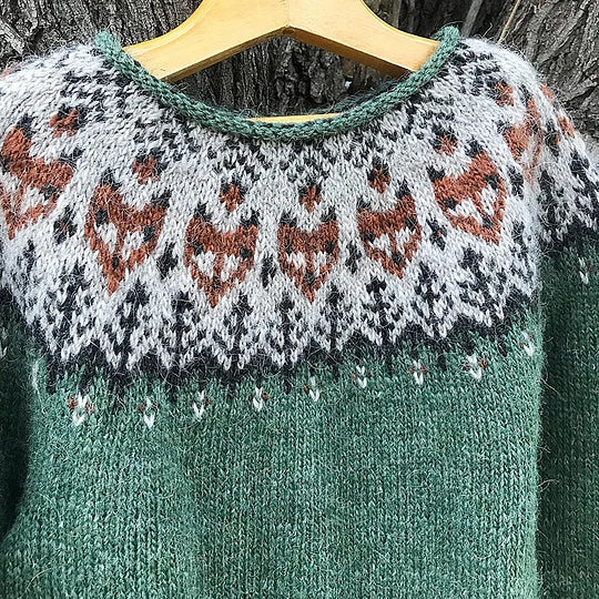 Vintage Fox Head Print Crew Neck Sweater