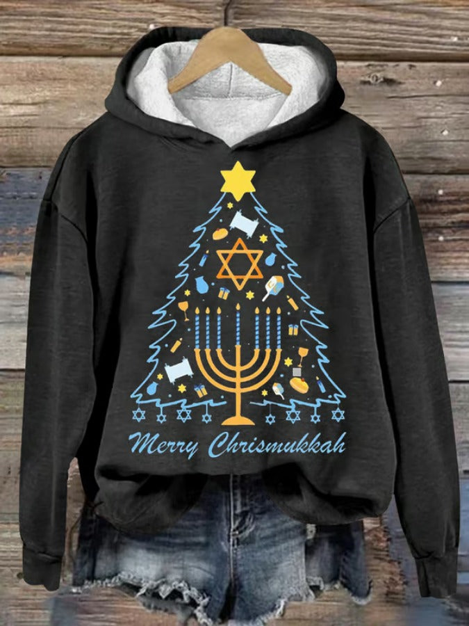 Women's Merry Chrismukkah Hanukkah Print Hooded Sweatshirt