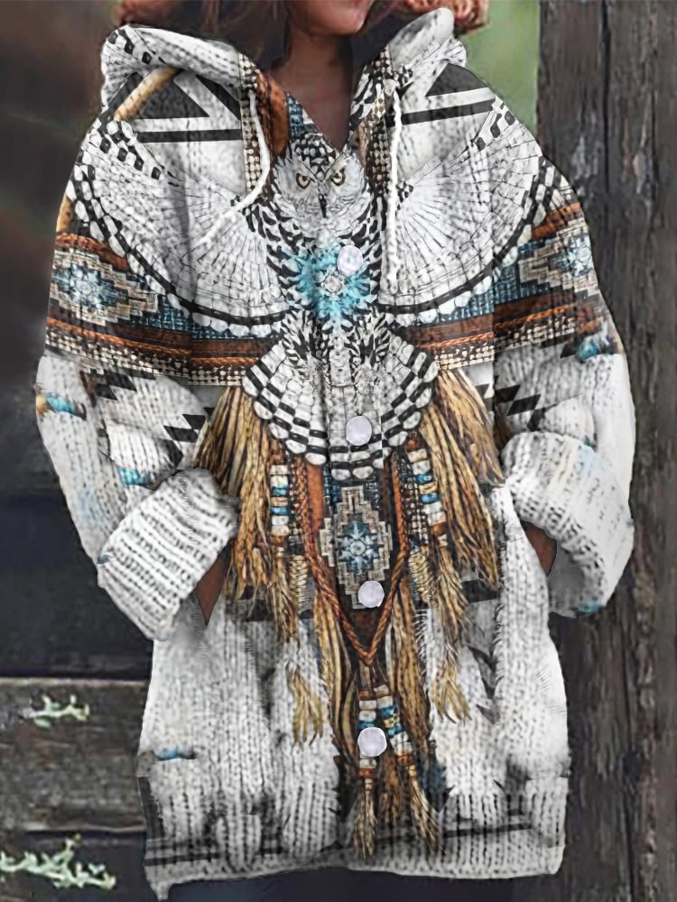 Wearshes Western Vintage Eagle Tassels Gradient Cozy Hooded Cardigan