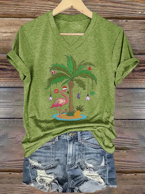 Women's Christmas Palm Tree Flamingo Embroidery Print T-Shirt