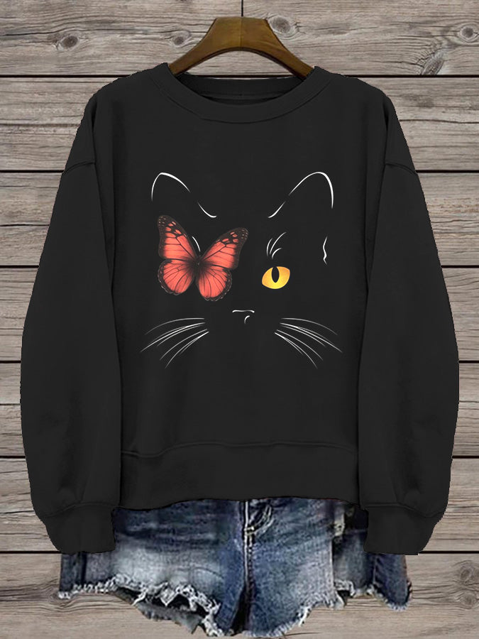 Women's Cat Print Casual Black Sweatshirt