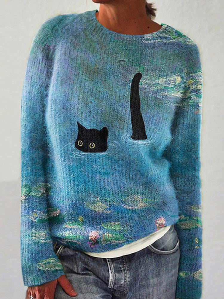 Women's Lotus Black Cat Print Casual Sweater