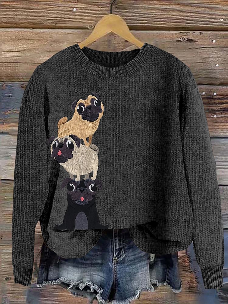 Cute Pug Embroidery Art Women's Cozy Sweater