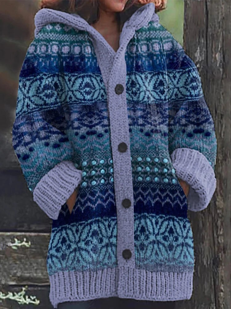 Iceland Snowflake Polka Dot Jacquard Button Down Hooded Sweater Cardigan