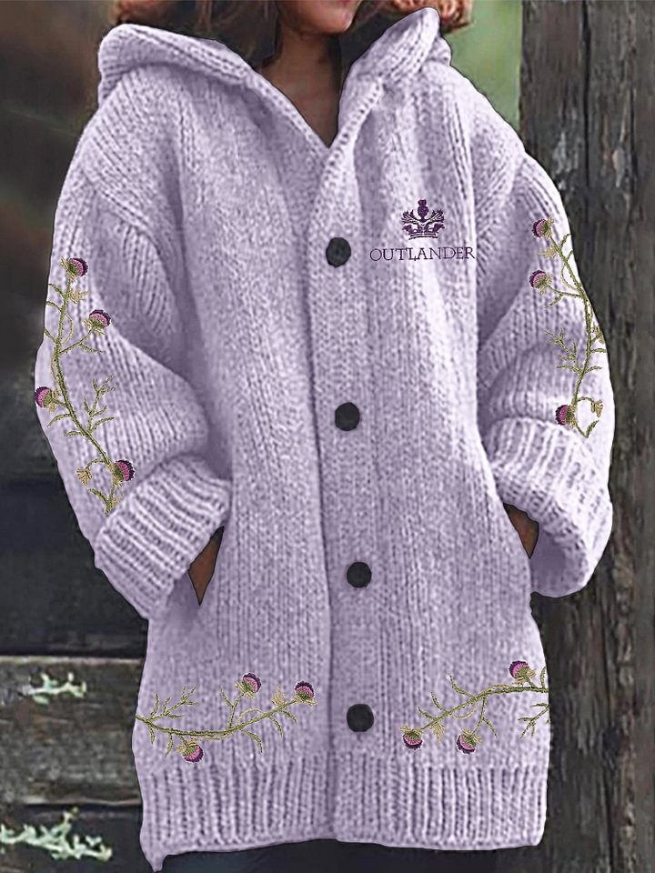 Historical Tv Show Thistle Embroidered Cozy Knit Hooded Cardigan