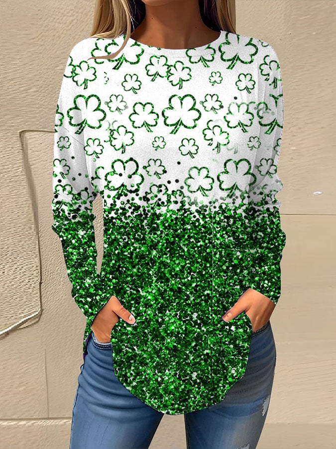 Women's St. Patrick's Day Glitter Clover Printed Top