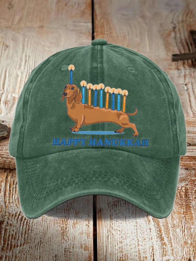 Unisex Weiner Dog Hanukkah Menorah Print Hat