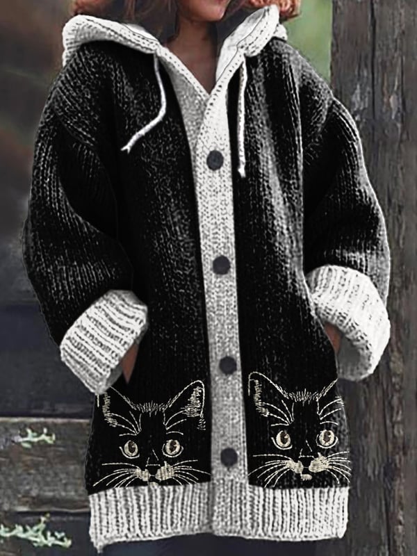 Women's Vintage Cute Cats Print Hooded Cardigan