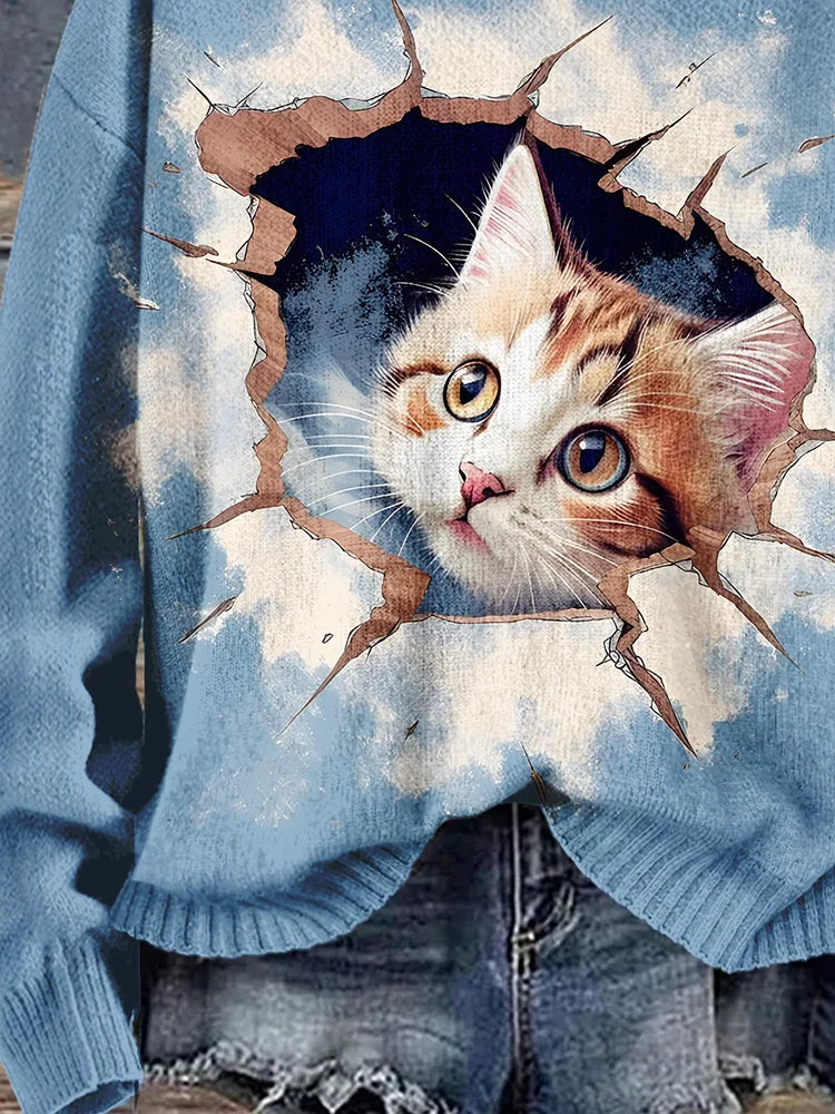 Retro Funny Cute Cat Art Print Knit Pullover Sweater