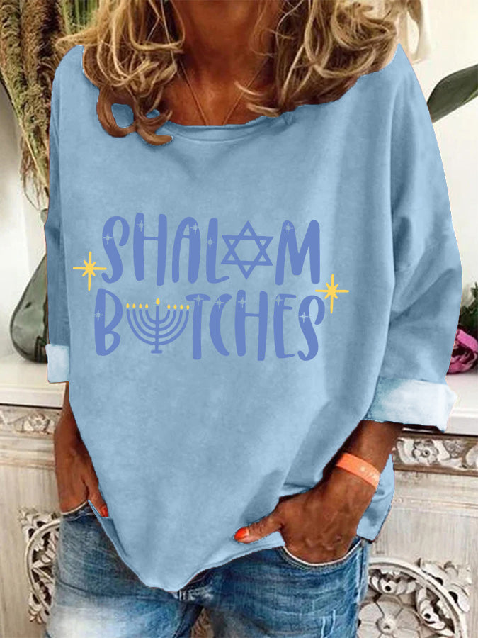 Women's Hanukkah Shalom Bitches Print Casual Long-Sleeve Top